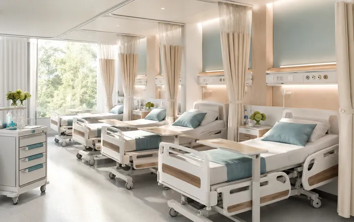 Hospital ward with patient beds and bedside equipment