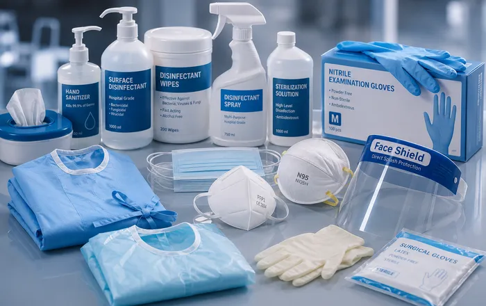 Medical gloves, surgical masks and disinfectant
