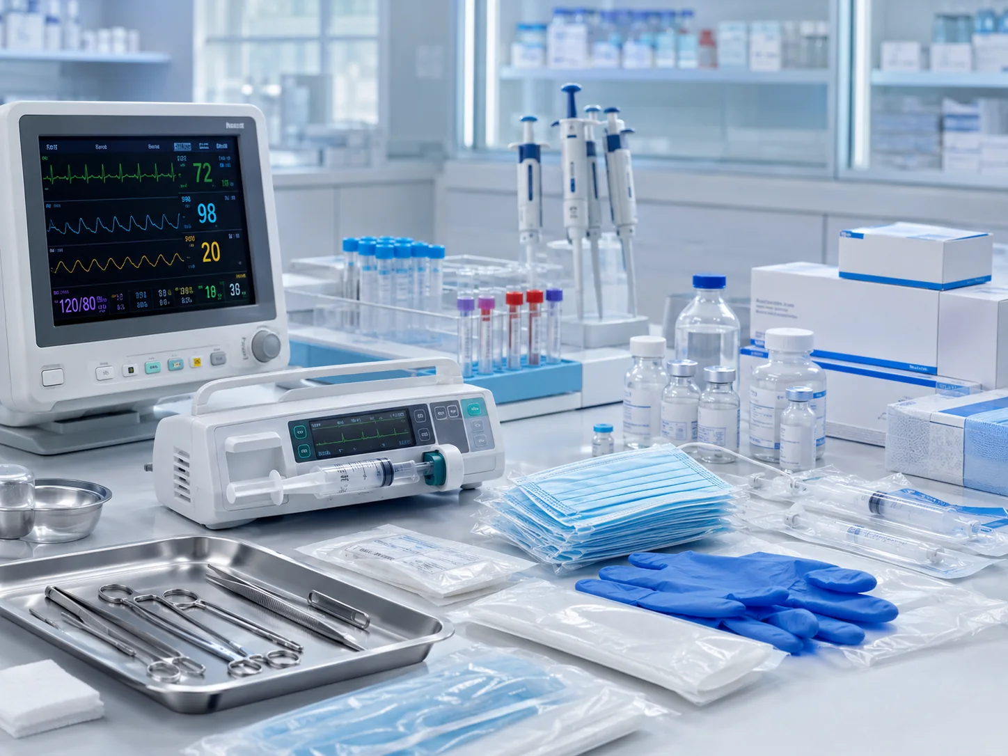 Diagnostic monitors, infusion pumps, surgical instruments, PPE and pharmaceutical supplies arranged in a clinical setting