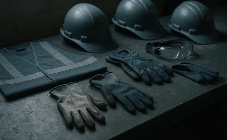Hard hats, vests and gloves on a workbench